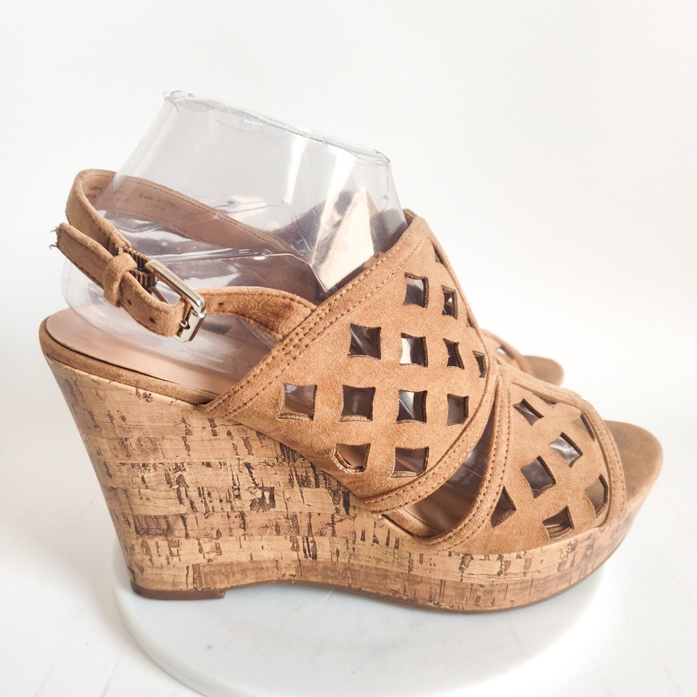 Franco Sarto Sandals Size‎ 9.5 Wedge Platform Shea Tan Faux Suede Laser Cut Cork